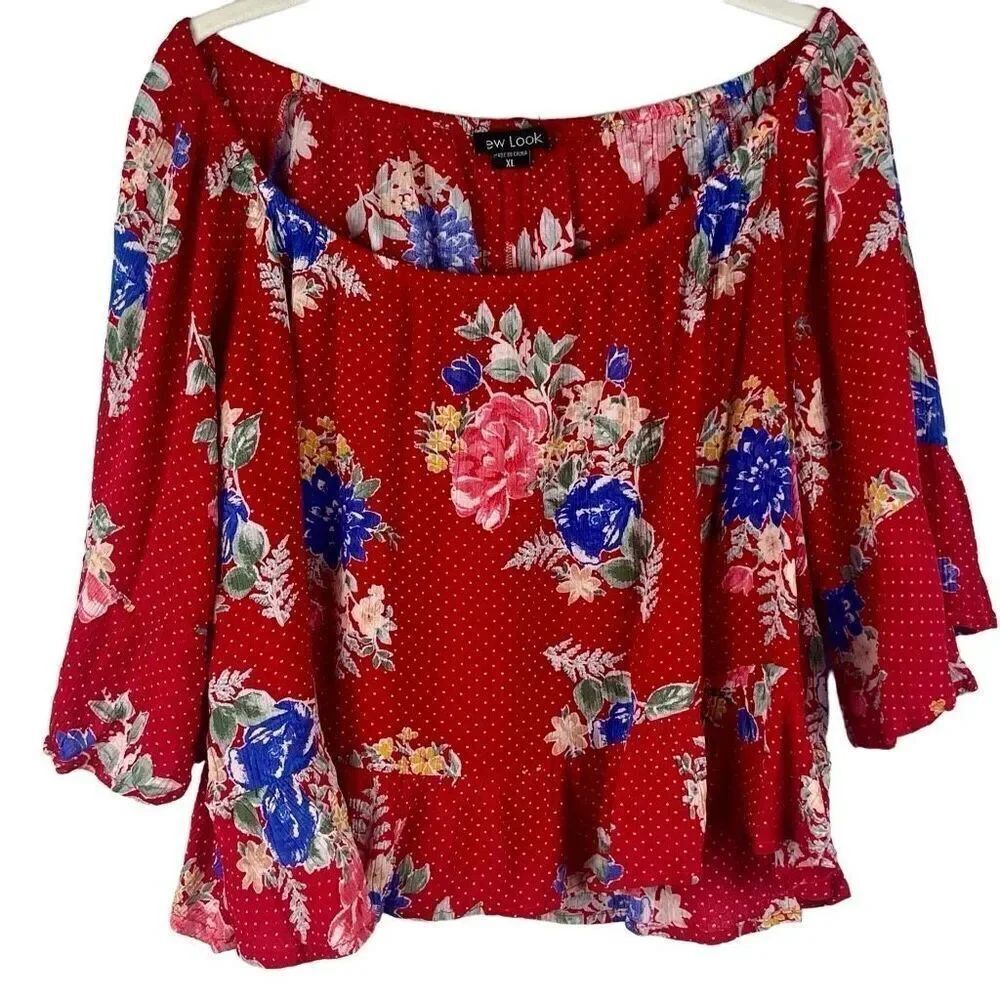 New Look Off The Shoulders Red Boho Floral Blouse XL